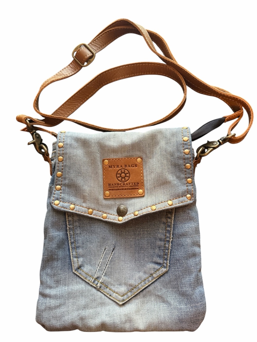 Myra Bag Light Blue Denim Crossbody with Brown Strap‎